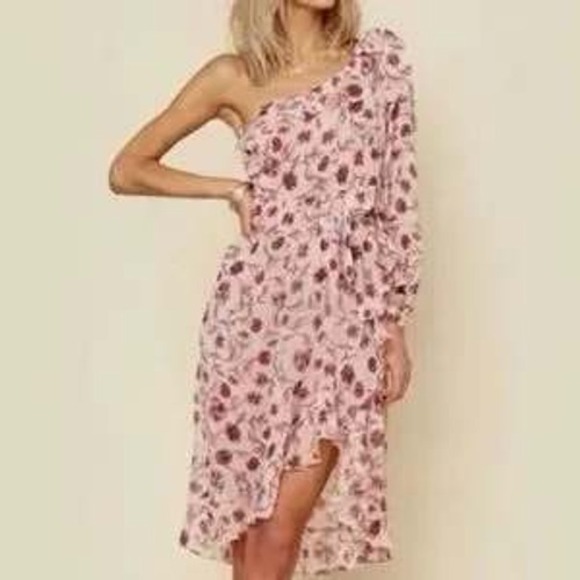 For Love And Lemons Dresses & Skirts - For Love and Lemons Floral One Shoulder Ruffle High-Low Midi Dress Wedding Guest